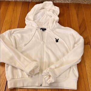 PLAYBOY White  Cropped Hoodie Size Small